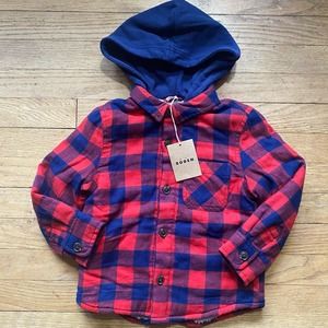 NWT Mini Boden Kids' Hooded Check Fleece Lined Flannel Button-Up Shirt Jacket